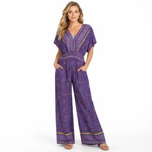 Icone Floral Wide-Leg Jumpsuit  Purple V-Neck Empire Waist Flowy Pants Romper